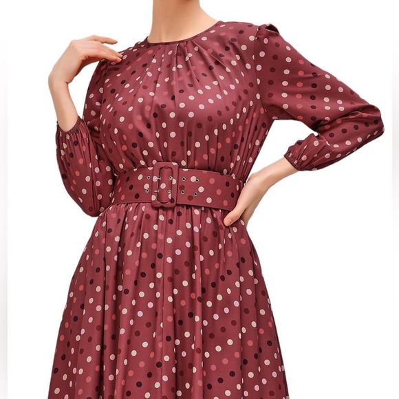 Eshakti Ruched Polka Dot Print Crepe Belted Dress Sz XL - Picture 5 of 13